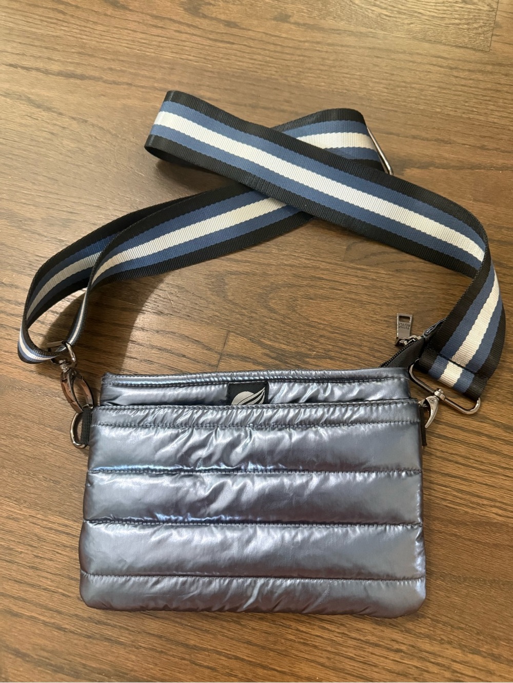 Think Roylyn Camp Blue/Grey Quilted Crossbody Bag with 2 Striped Straps
